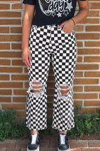 Women's Checkerboard Print Distressed Raw Edge Cropped Jeans - Plush Fashion Hub