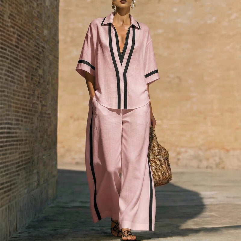 Women’s Color Block Shirt and Wide - Leg Pants Set - Plush Fashion Hub