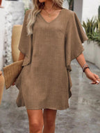 Women's Flowy V - Neck Casual Mini Dress with Ruffled Sleeves - Plush Fashion Hub