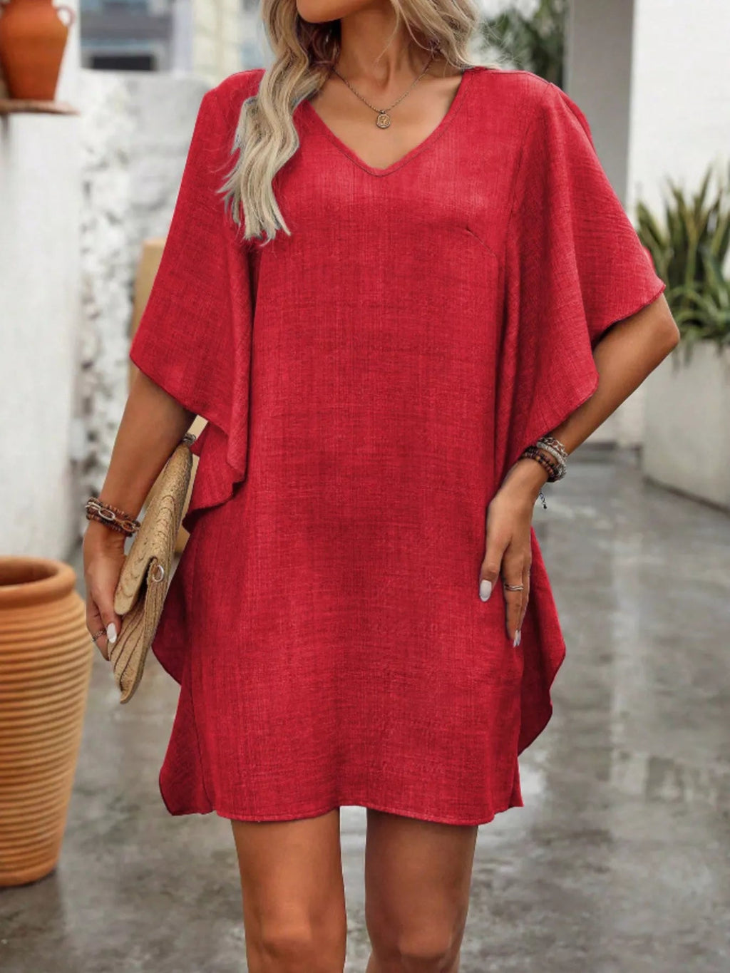 Women's Flowy V - Neck Casual Mini Dress with Ruffled Sleeves - Plush Fashion Hub