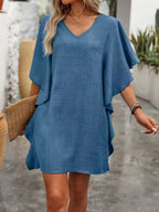 Women's Flowy V - Neck Casual Mini Dress with Ruffled Sleeves - Plush Fashion Hub