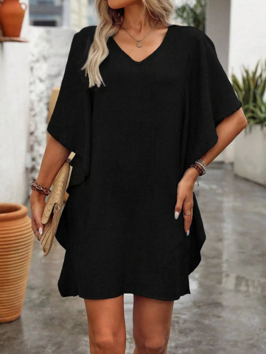 Women's Flowy V - Neck Casual Mini Dress with Ruffled Sleeves - Plush Fashion Hub