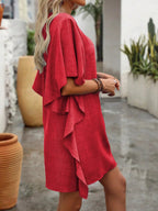 Women's Flowy V - Neck Casual Mini Dress with Ruffled Sleeves - Plush Fashion Hub