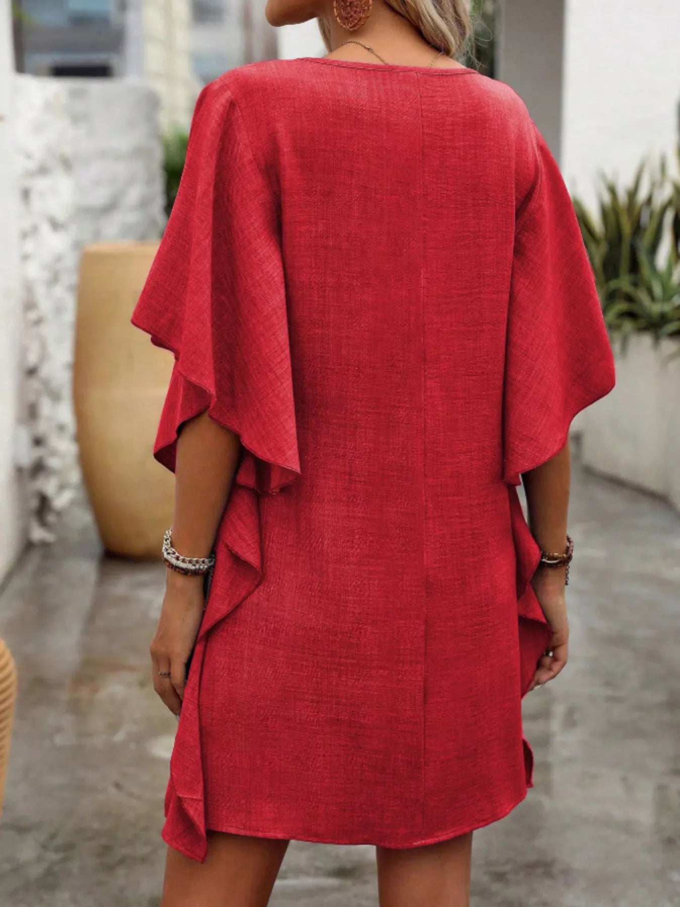 Women's Flowy V - Neck Casual Mini Dress with Ruffled Sleeves - Plush Fashion Hub