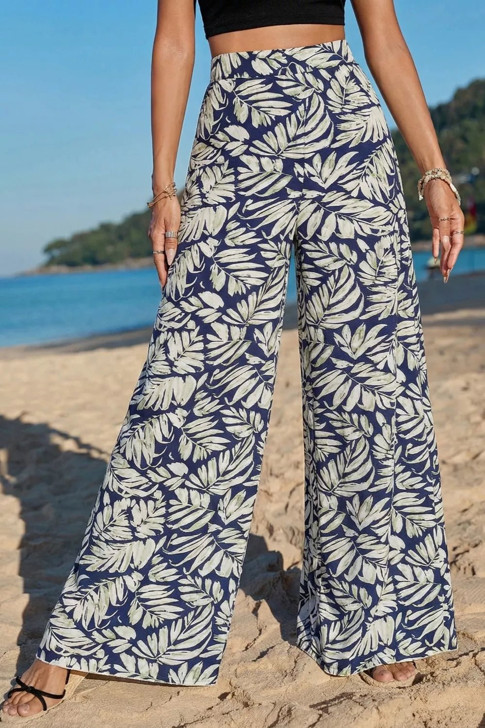 Women's High - Waist Leaf Print Wide Leg Pants - Casual Comfy Cotton Blend - Plush Fashion Hub