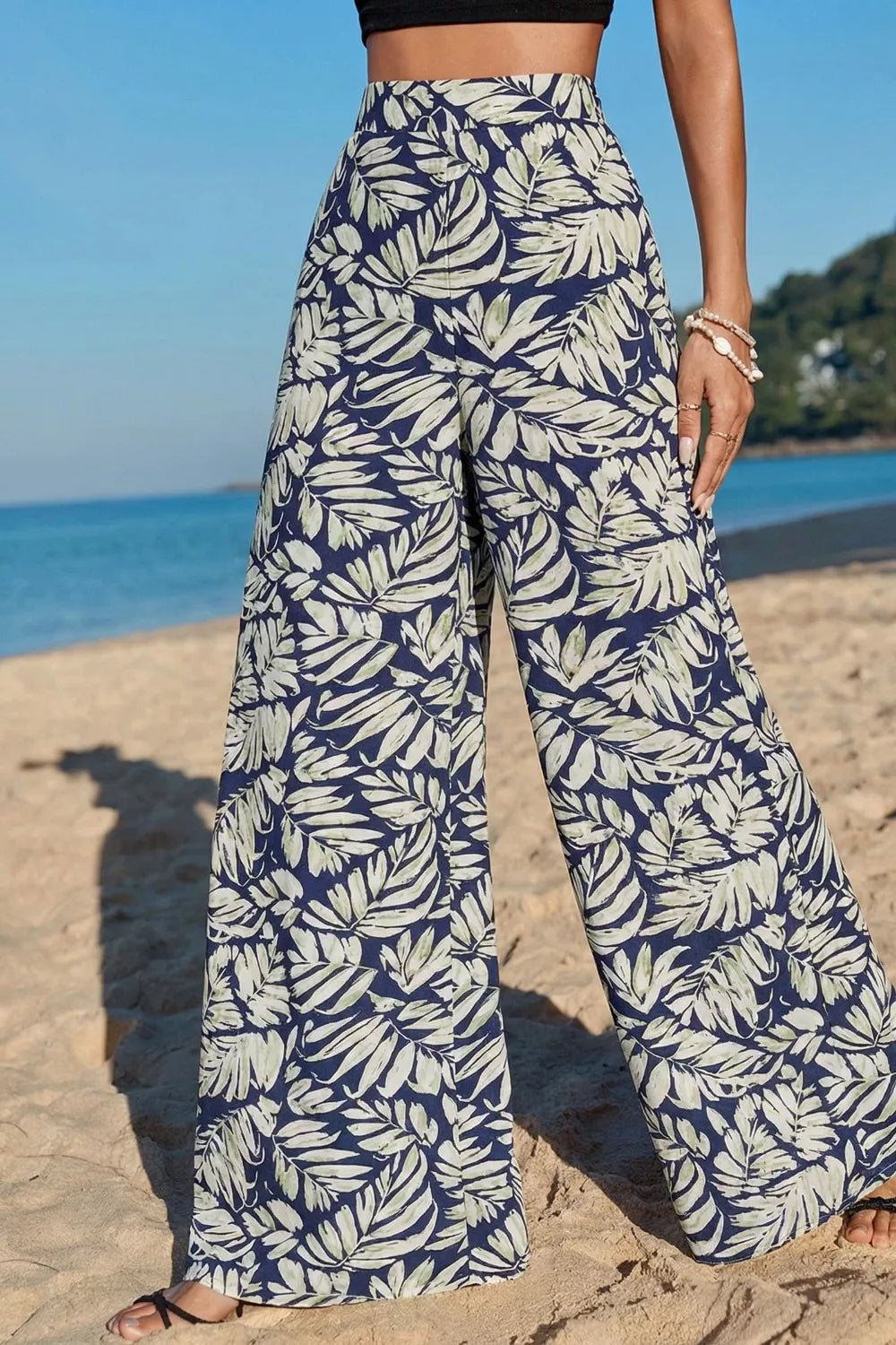 Women's High - Waist Leaf Print Wide Leg Pants - Casual Comfy Cotton Blend - Plush Fashion Hub