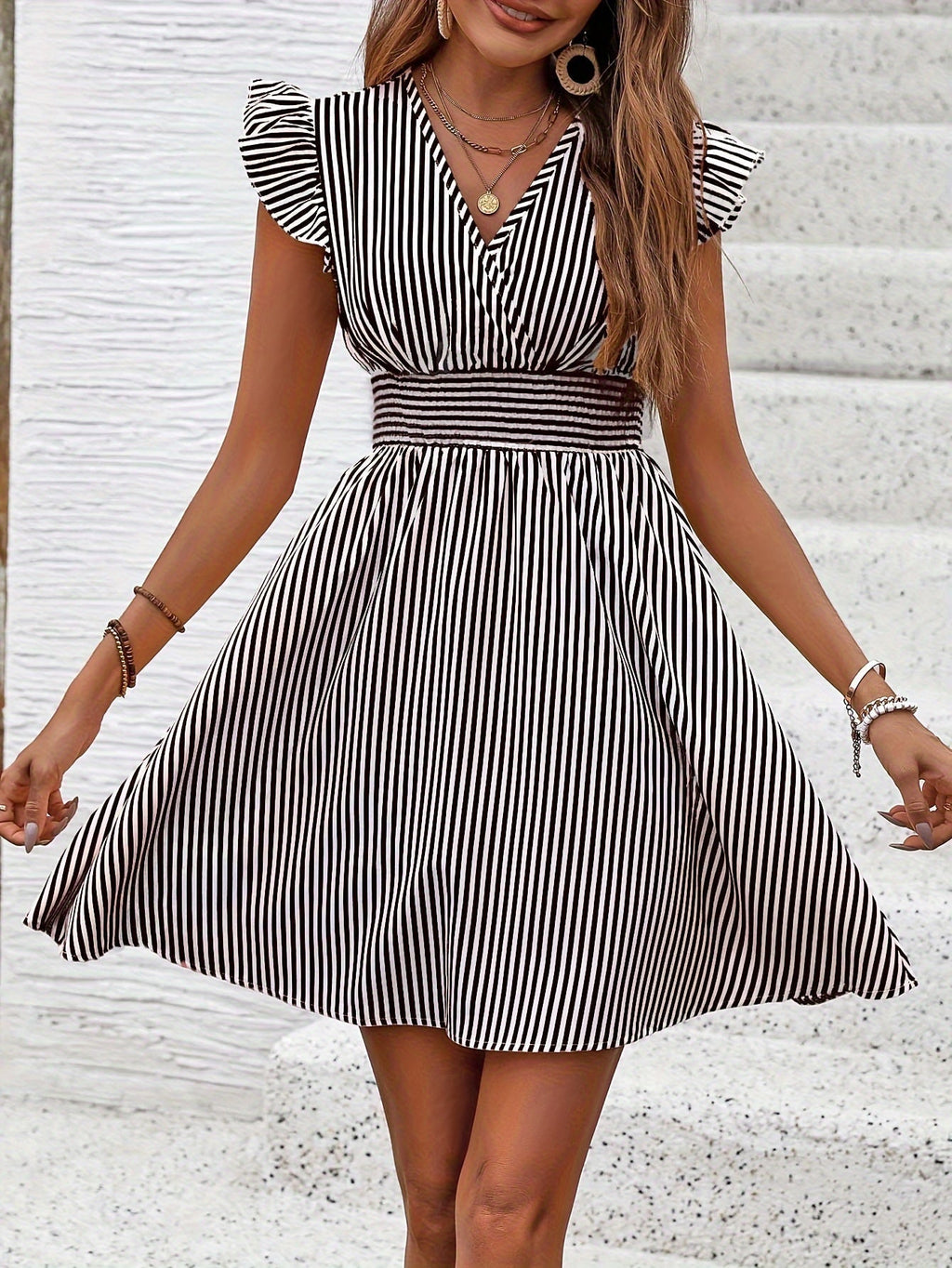 Women's V-neck flutter sleeve striped mini dress by FitiqueFit, perfect for casual summer wear, featuring a stylish and comfortable design.