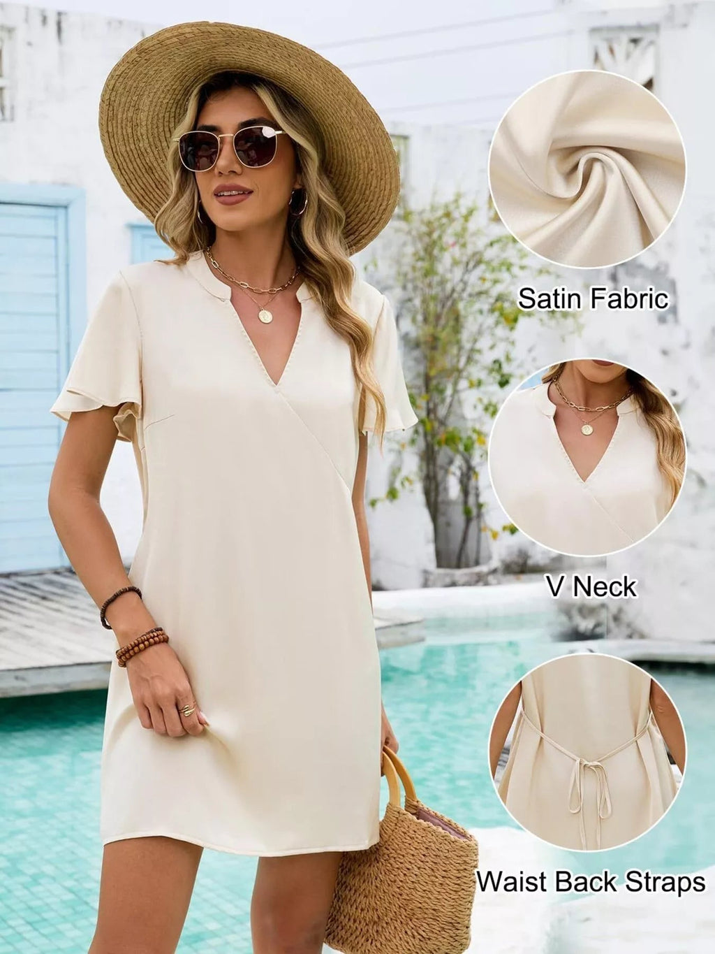 Women's Notched Flutter Sleeve Mini Dress | Casual Summer Shift Dress - Plush Fashion Hub