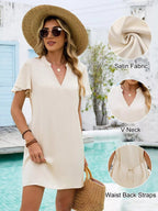 Women's Notched Flutter Sleeve Mini Dress | Casual Summer Shift Dress - Plush Fashion Hub
