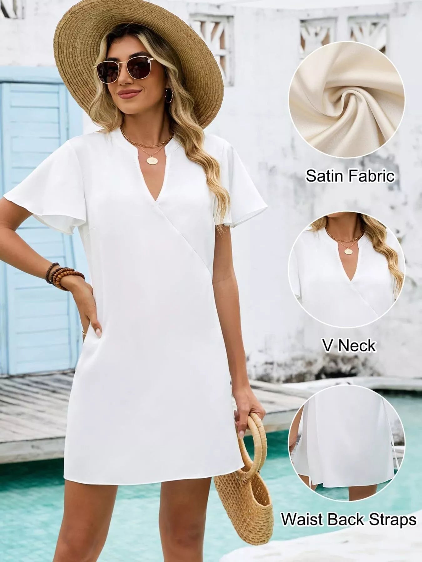 Women's Notched Flutter Sleeve Mini Dress | Casual Summer Shift Dress - Plush Fashion Hub