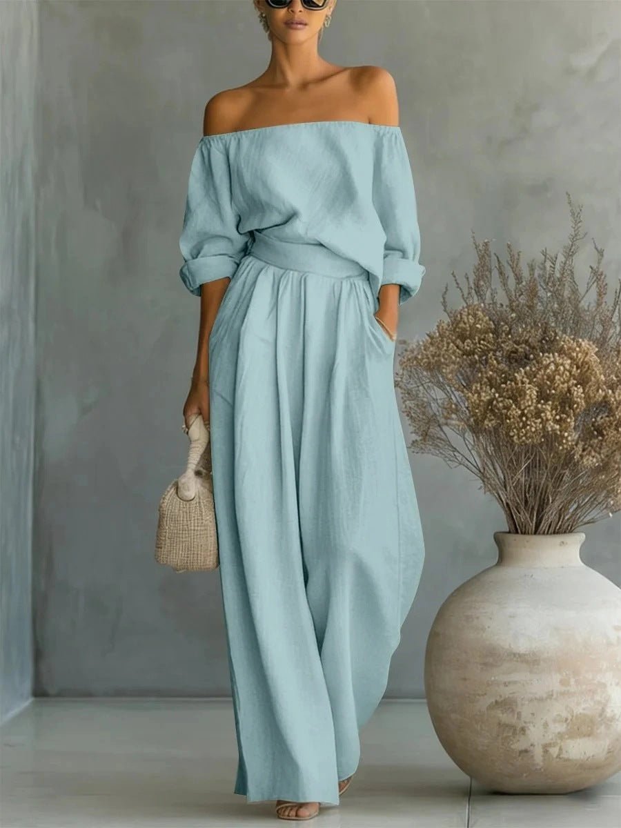 Women's Off - Shoulder Long - Sleeve Top & Wide - Leg Pants Two - Piece Set - Plush Fashion Hub