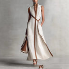 Women's Patchwork Cardigan & Wide Leg Pants Set | Colorblock Linen - Plush Fashion Hub