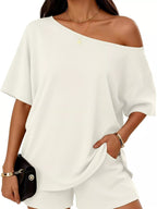Women's Plus Size Boat Neck T-Shirt and Shorts Lounge Set - Plush Fashion Hub