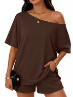 Women's Plus Size Boat Neck T-Shirt and Shorts Lounge Set - Plush Fashion Hub