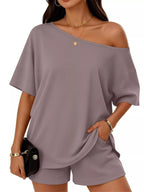 Women's Plus Size Boat Neck T-Shirt and Shorts Lounge Set - Plush Fashion Hub