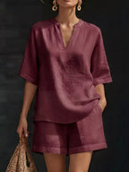 Women's Plus Size Notched Collar Half Sleeve Top and Shorts Lounge Set - Plush Fashion Hub