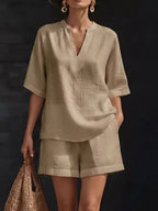 Women's Plus Size Notched Collar Half Sleeve Top and Shorts Lounge Set - Plush Fashion Hub