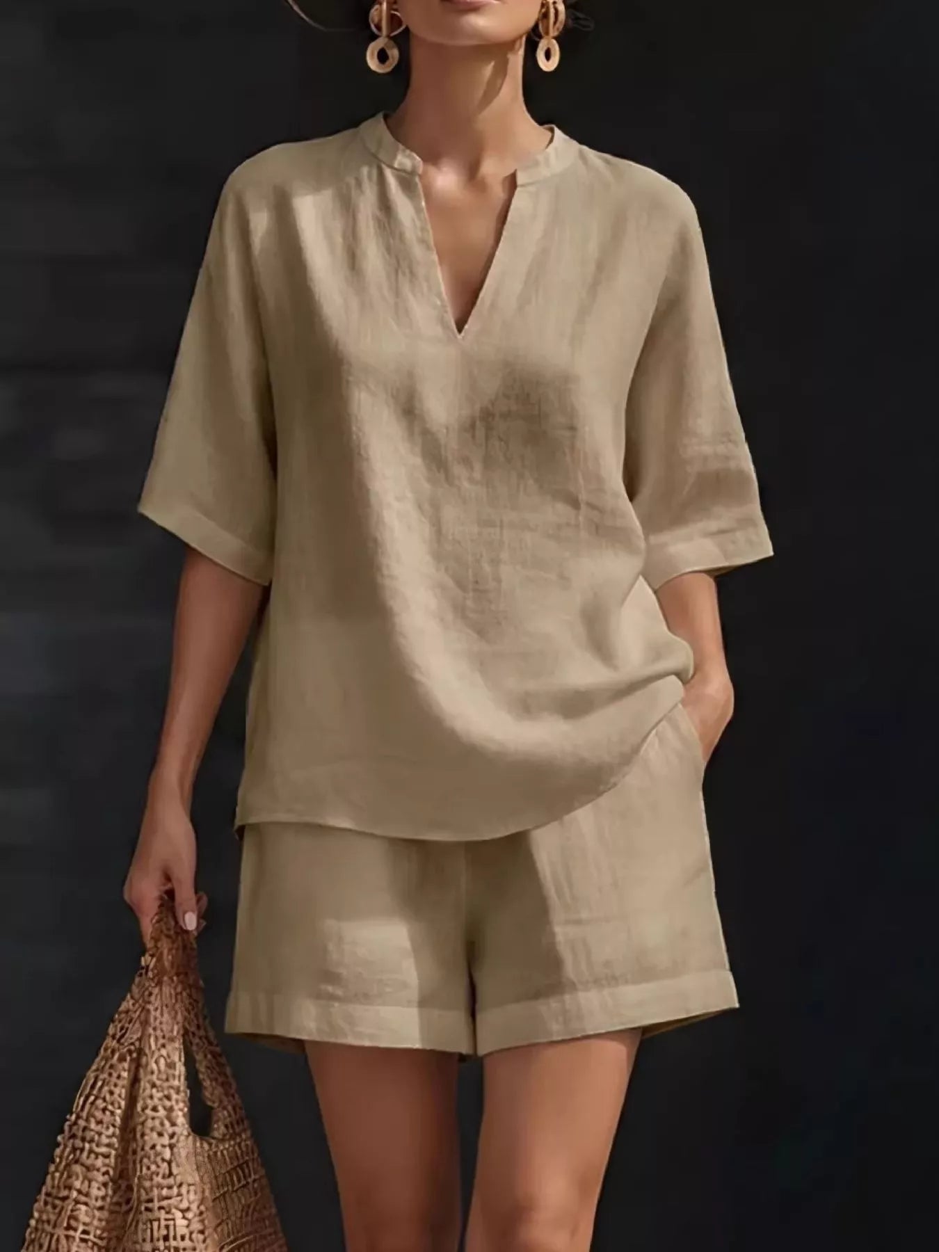 Women's Plus Size Notched Collar Half Sleeve Top and Shorts Lounge Set - Plush Fashion Hub