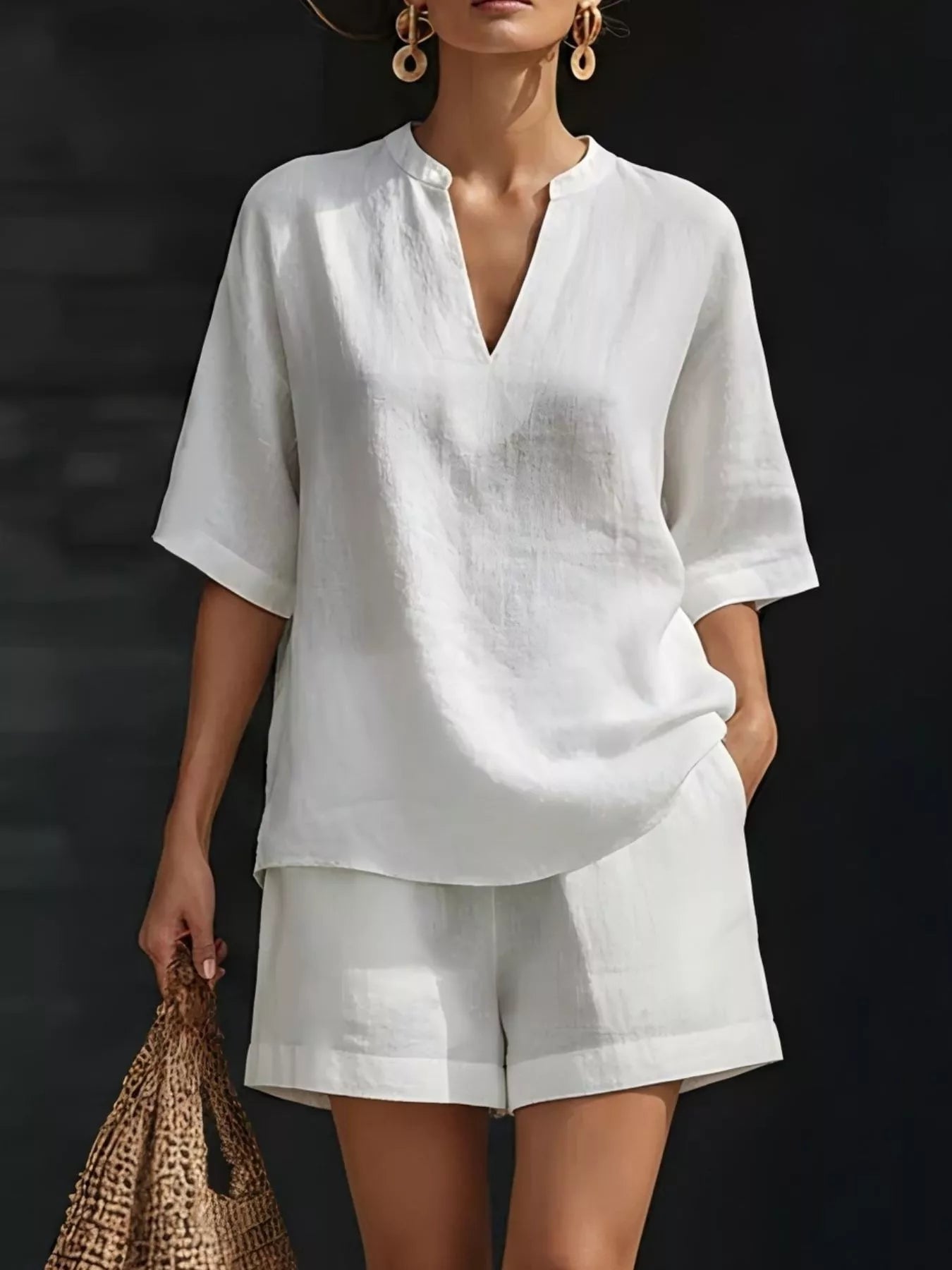Women's Plus Size Notched Collar Half Sleeve Top and Shorts Lounge Set - Plush Fashion Hub