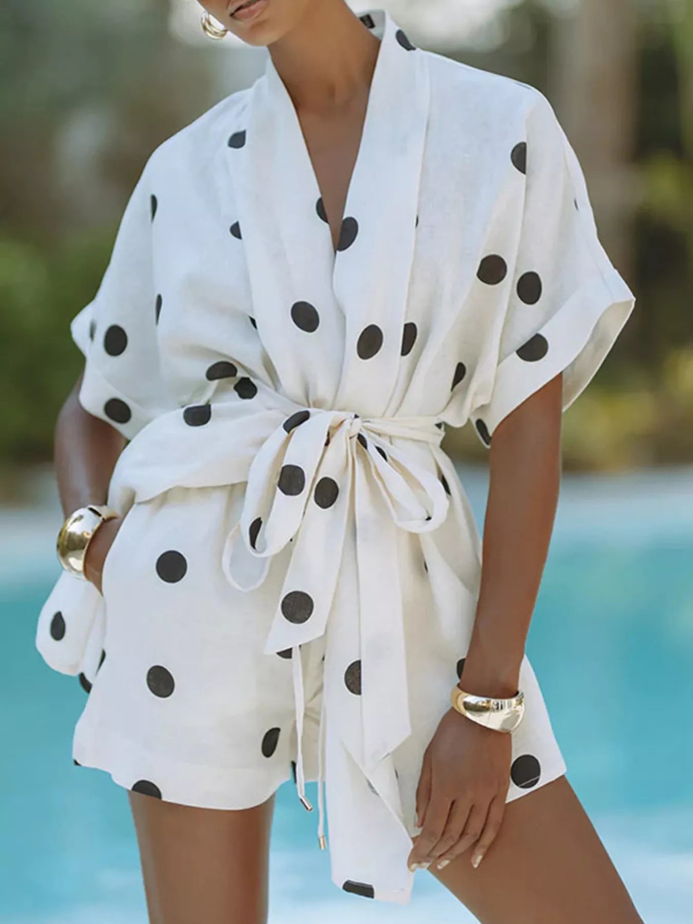 Women's Polka Dot Tie Waist Top and Shorts Set - Casual Two - Piece Outfit - Plush Fashion Hub