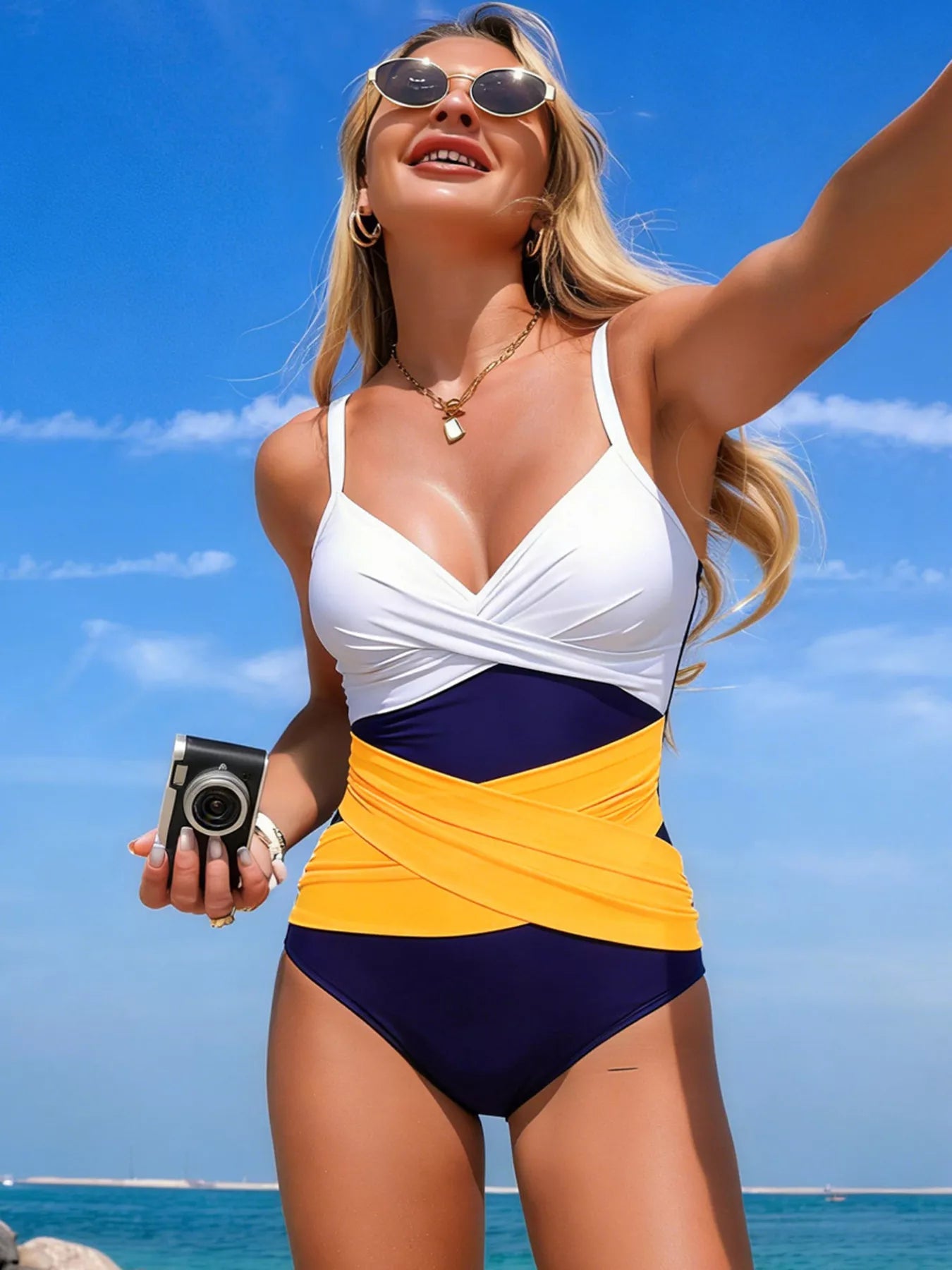 Women's Ruffled Color Block One - Piece Swimsuit - Stylish Beachwear - Plush Fashion Hub