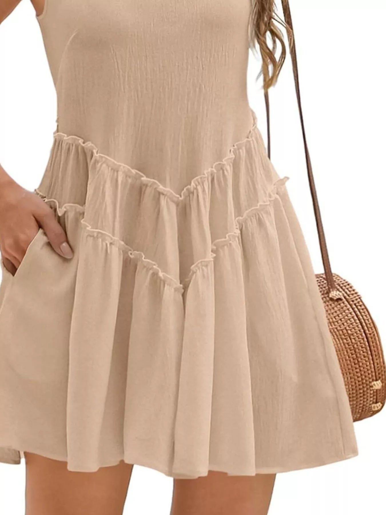 Women's Sleeveless Round Neck Mini Dress with Pockets - Plush Fashion Hub