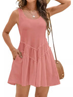 Women's Sleeveless Round Neck Mini Dress with Pockets - Plush Fashion Hub