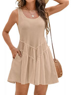 Women's Sleeveless Round Neck Mini Dress with Pockets - Plush Fashion Hub