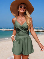 Women's V - Neck Spaghetti Strap One - Piece Swimsuit - Stretchy Beachwear - Plush Fashion Hub