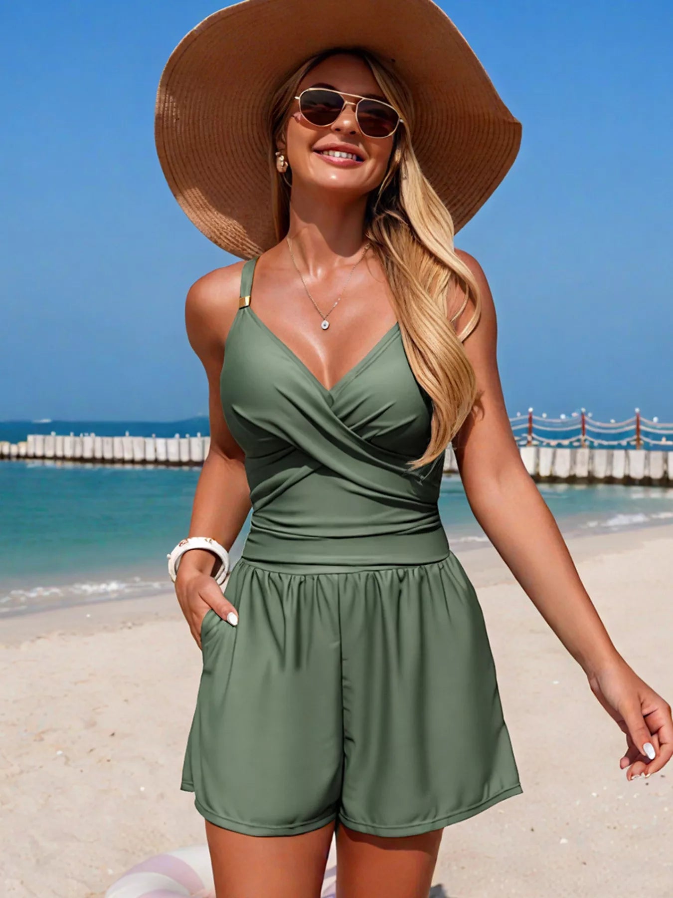 Women's V - Neck Spaghetti Strap One - Piece Swimsuit - Stretchy Beachwear - Plush Fashion Hub