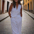 Women’s V‑Neck Button‑Front Vest & High‑Waist Pants Set - Plush Fashion Hub