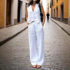 Women’s V‑Neck Button‑Front Vest & High‑Waist Pants Set - Plush Fashion Hub