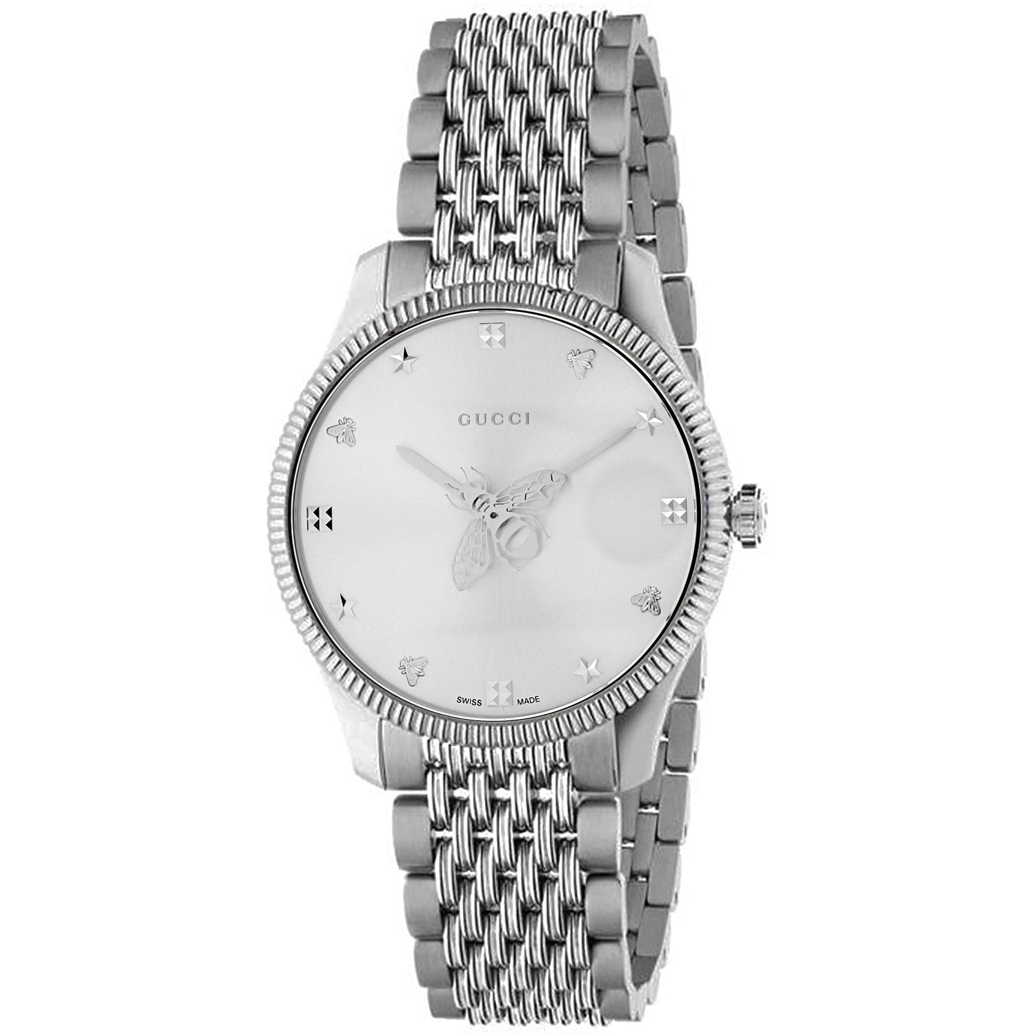 Gucci G-Timeless women's silver watch with a mesh bracelet and bee-patterned dial with star and bee indices.