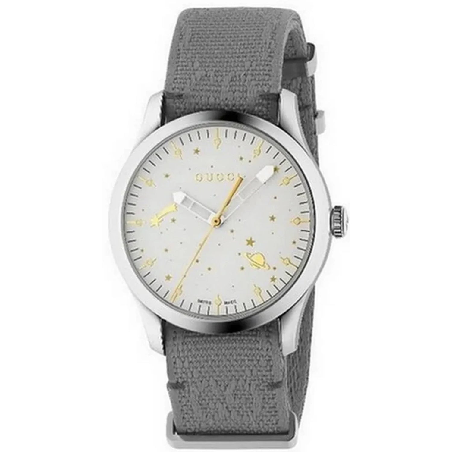 Gucci G-Timeless watch with a grey fabric strap, silver-tone case, and off-white dial featuring gold celestial motifs.